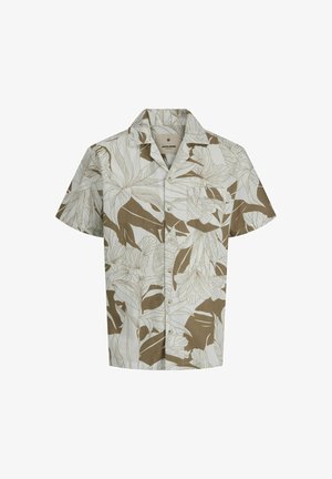 Korte mouwen overhemd van witte stof met een bruin bloemenpatroon. Zachte textuur, kraaghals en knoopsluiting aan de voorkant.