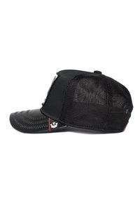 Black baseball cap with a curved visor, mesh back, and embroidered logo on the side; features a smooth fabric and structured outline.