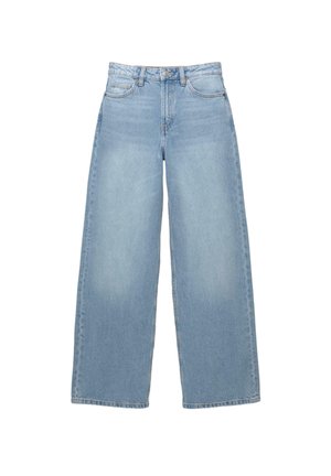 Helleblaue, weit geschnittene Jeans aus Denim, mit hoher Taille, fünf Taschen und dezentem Verblassen über den Stoff.