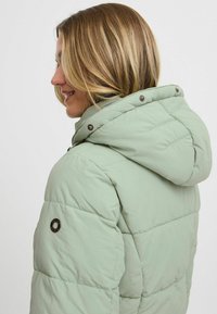 Chaqueta de plumas verde claro con capucha, que presenta secciones acolchadas y botones a presión. Textura suave con un ajuste relajado y un diseño casual.