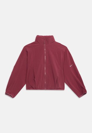 Veste à fermeture éclair bordeaux avec col montant, manches longues, ourlet élastiqué et petit logo Nike blanc sur la manche gauche.