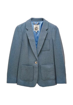 Niebieska marynarka w jodełkę z klapami wciętymi, pojedynczym złotym guzikiem, dwoma naszywanymi kieszeniami z przodu, kieszenią na piersi oraz niebieską satynową podszewką wewnętrzną.