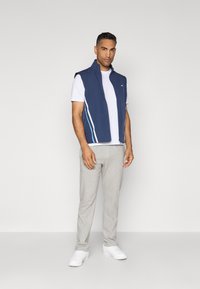 Marinblå ärmlös väst med ljusblå ränder, bärs över en vit t-shirt, i kombination med grå joggingbyxor och vita sneakers. Slät tygkänsla.