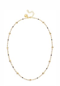 Collana dorata con piccole perline rotonde e accenti scuri, dotata di una delicata catena e di un gancio regolabile per variare la lunghezza.