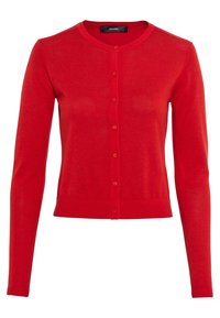 Röd, långärmad cardigan i mjukt stickat tyg, med rund halsringning och sex knäppningar fram.