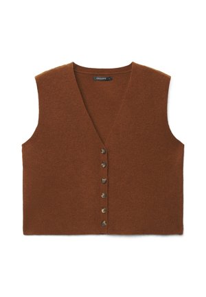 Ärmellose braune Strickweste mit sechs Knöpfen und einem V-Ausschnitt, etikettiert mit Calliope in Größe klein.