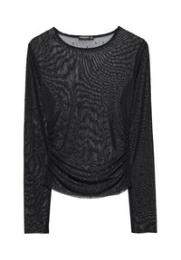 Schwarzes langärmliges Oberteil aus transparentem Material, mit einem strukturierten Muster und verstreuten Perlenakzenten, sowie Raffung im Taillenbereich.