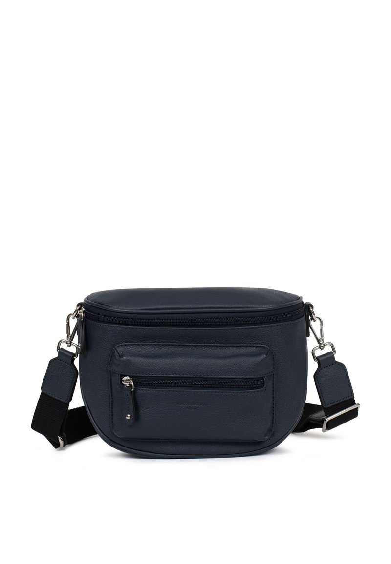 Borsa a tracolla in pelle blu navy con forma arrotondata, chiusura con zip, tasca frontale e tracolla regolabile. Finiture in metallo argentato.