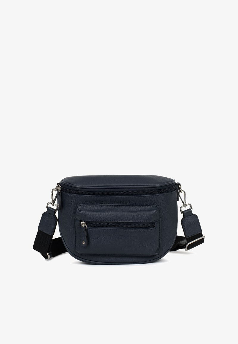 Borsa a tracolla in pelle blu navy con forma arrotondata, chiusura con zip, tasca frontale e tracolla regolabile. Finiture in metallo argentato.