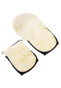 Lamswollen voetenzak in crème met een zachte, pluizige voering. Voorzien van een zwarte rits en buitenmateriaal, biedt warmte en comfort.