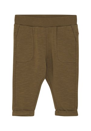 Bruna bomullsbukser för småbarn med elastisk midja, två framfickor och uppvikta ärmar. Slät textur med ett subtilt melerat mönster.