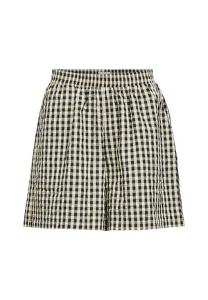 Shorts à carreaux noir et blanc avec taille élastique, fabriqués en tissu léger légèrement texturé.