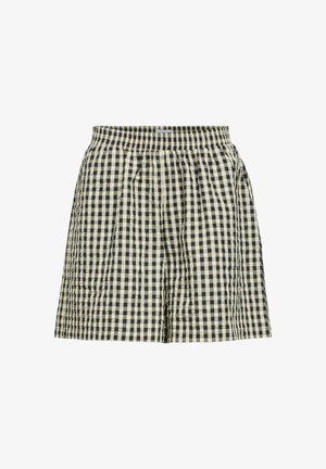 Shorts à carreaux noir et blanc avec taille élastique, fabriqués en tissu léger légèrement texturé.