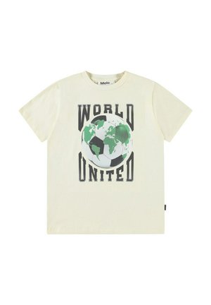 Ljusbeige t-shirt med kort ärm som har en grön och svart globdesign med ett fotbollsmotiv och texten "WORLD UNITED" i tjocka svarta bokstäver.