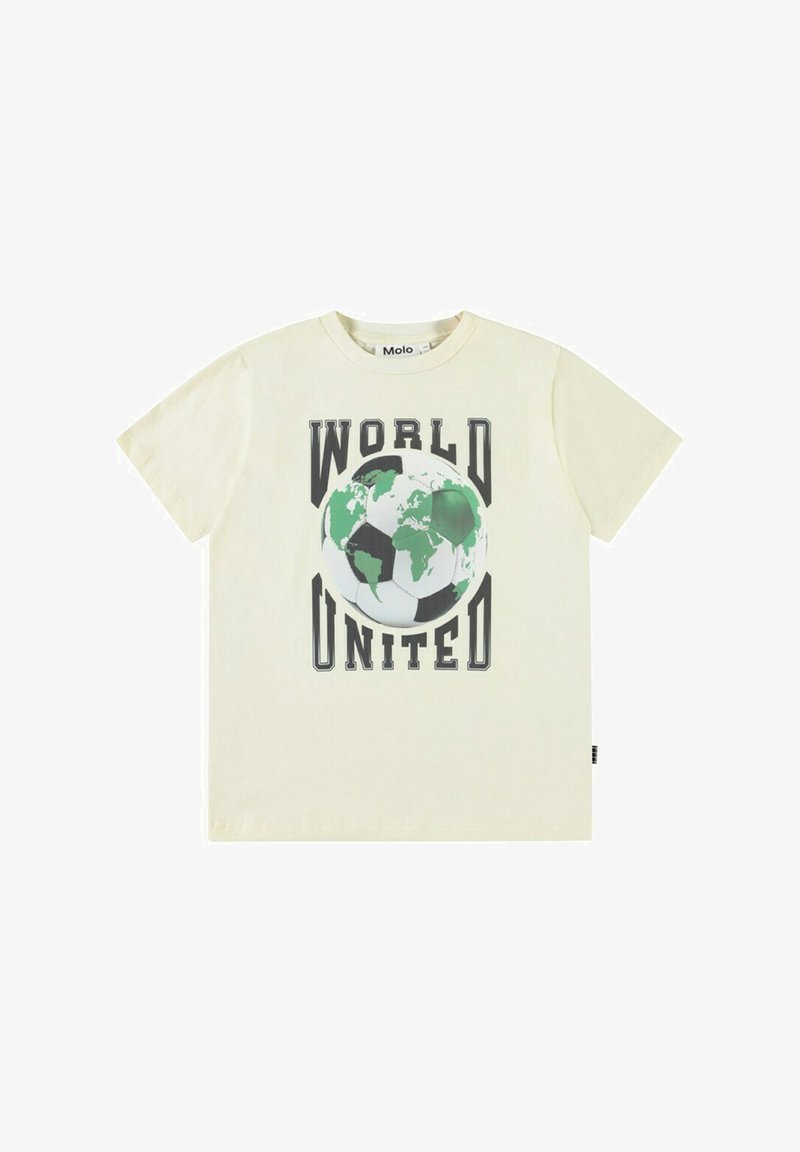 Cremefarvet kortærmet t-shirt med et grønt og sort globedesign og et fodboldmotiv samt teksten "WORLD UNITED" i fede, sorte bogstaver.