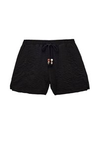 Zwarte gestructureerde shorts met elastische tailleband en koord, voorzien van decoratieve kralen, ontworpen voor casual gebruik.