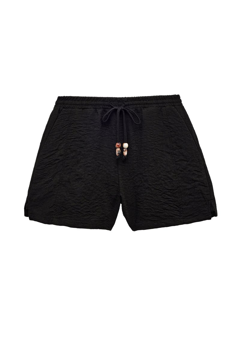 Zwarte gestructureerde shorts met elastische tailleband en koord, voorzien van decoratieve kralen, ontworpen voor casual gebruik.
