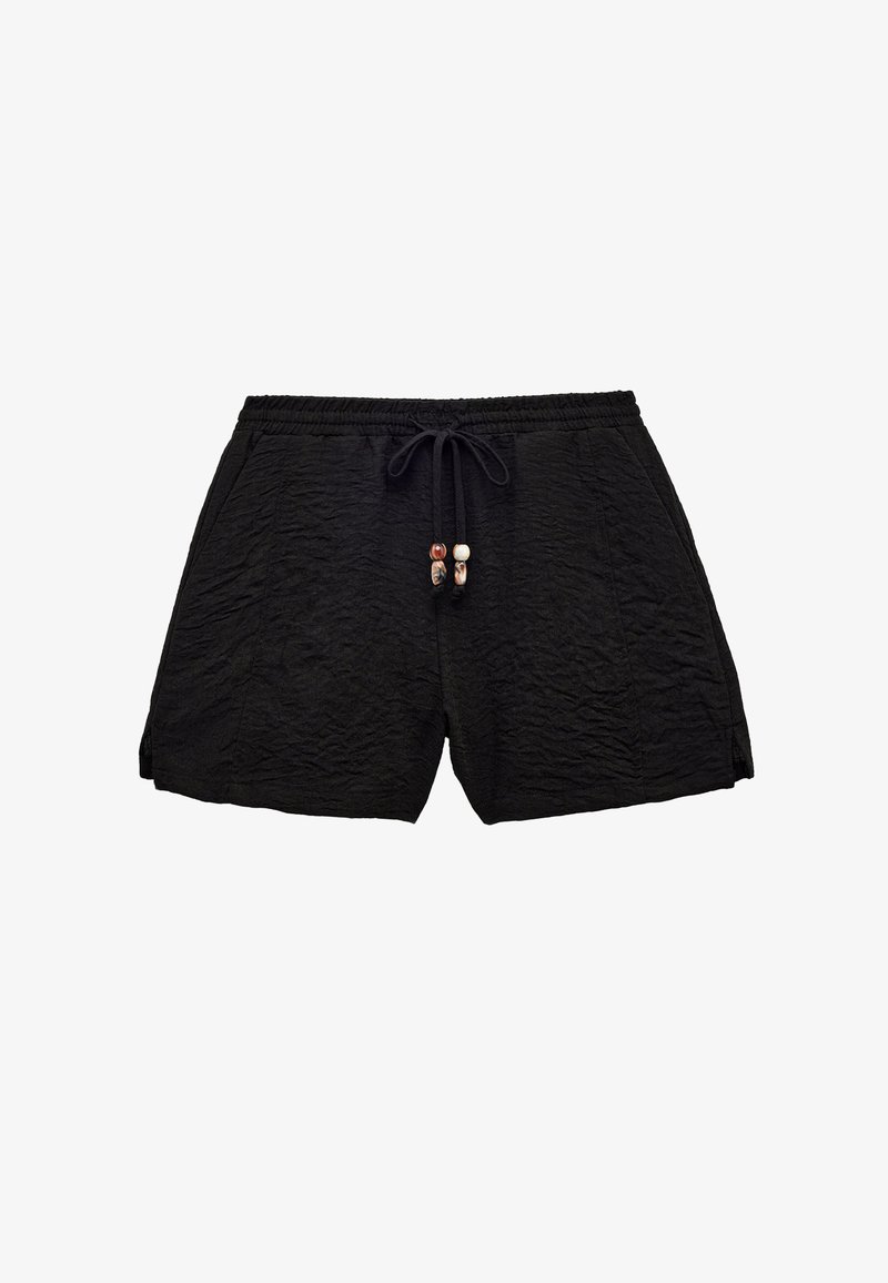 Zwarte gestructureerde shorts met elastische tailleband en koord, voorzien van decoratieve kralen, ontworpen voor casual gebruik.