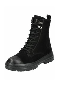 Botines negros de cordones con una mezcla de cuero liso y texturizado, ojales metálicos, suela de goma con patrones de agarre y un cuello acolchado.