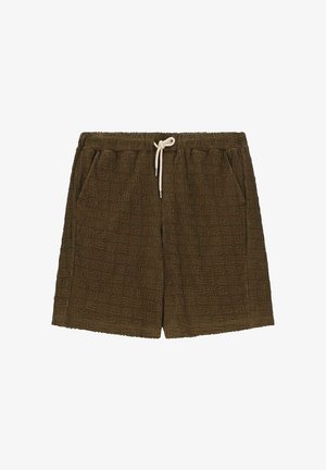 Shorts texturés marron avec un motif géométrique, taille élastique et cordon de serrage. Comprend des poches latérales et une coupe ample.