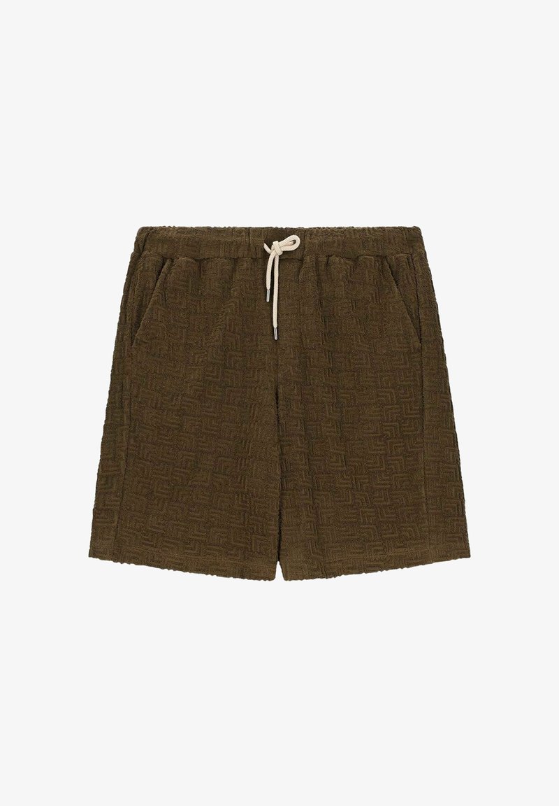 Shorts texturés marron avec un motif géométrique, taille élastique et cordon de serrage. Comprend des poches latérales et une coupe ample.