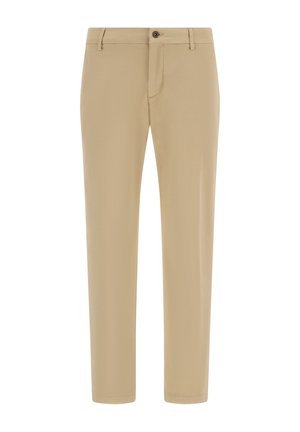 Pantaloni in cotone beige con vestibilità slim, caratterizzati da una chiusura con zip, bottone e tasche frontali, texture liscia e senza motivi visibili.