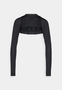 Black long-sleeve top with a cropped design, featuring a smooth texture and fitted shape. Includes subtle stitching details and a high collar.