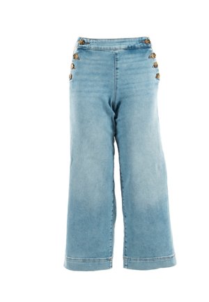 Világoskék farmer széles szárú nadrág magas derékkal, négy fém gombbal az oldalon és egyenes szegéllyel.