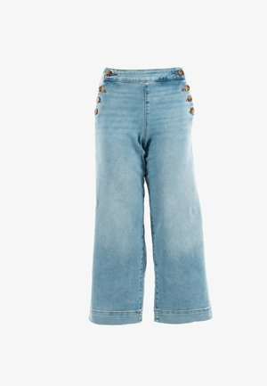 Világoskék farmer széles szárú nadrág magas derékkal, négy fém gombbal az oldalon és egyenes szegéllyel.