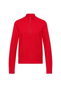 Roter Pullover mit langen Ärmeln, halbem Reißverschluss vorne, Stehkragen und kleinem rechteckigem Taschenfach auf der unteren rechten Seite.