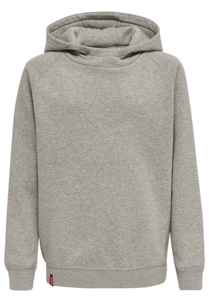 Grauer Hoodie aus weichem Stoff, mit einer großen Kapuze, langen Ärmeln und gerippten Bündchen und Saum. Keine Muster oder Beschläge sichtbar.