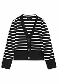 Czarno-biały sweter w paski z głębokim dekoltem w serek, pięcioma okrągłymi guzikami z przodu i długim rękawem. Charakteryzuje się dopasowanym, krótkim krojem.