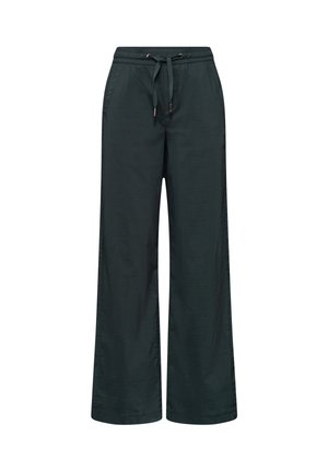 Pantalon vert foncé à jambes larges avec taille élastique et cordon de serrage à l'avant, poches latérales et coupe décontractée.