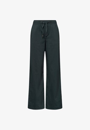 Pantalon vert foncé à jambes larges avec taille élastique et cordon de serrage à l'avant, poches latérales et coupe décontractée.