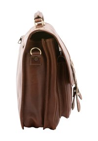 Borsa a spalla in pelle marrone con un design strutturato, dotata di hardware dorato, manico superiore e numerosi scomparti con zip.