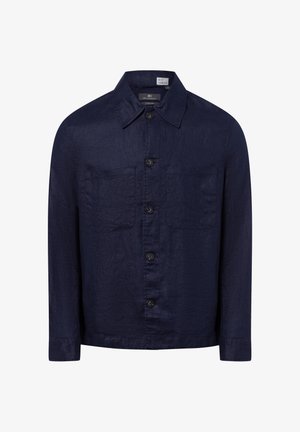 Dunkelblaues Hemdjacke aus leichtem Stoff. Verfügt über einen Kragen, Fronttaschen und eine lockere Passform. Strukturierte Oberfläche.