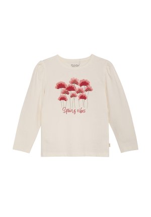 Cream long-sleeve shirt with pink and red flowers and the words "Spring vibes" printed on the front.