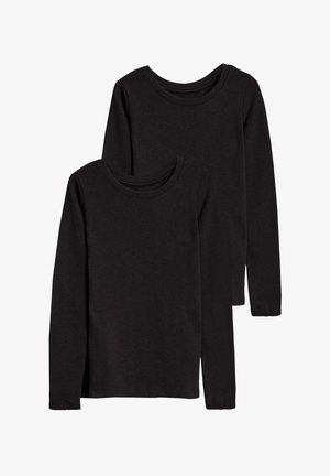 Twee zwart lange mouwen shirts van textuurstof, met ronde hals en standaard pasvorm, gestapeld weergegeven waarbij het ene shirt iets boven het andere ligt.