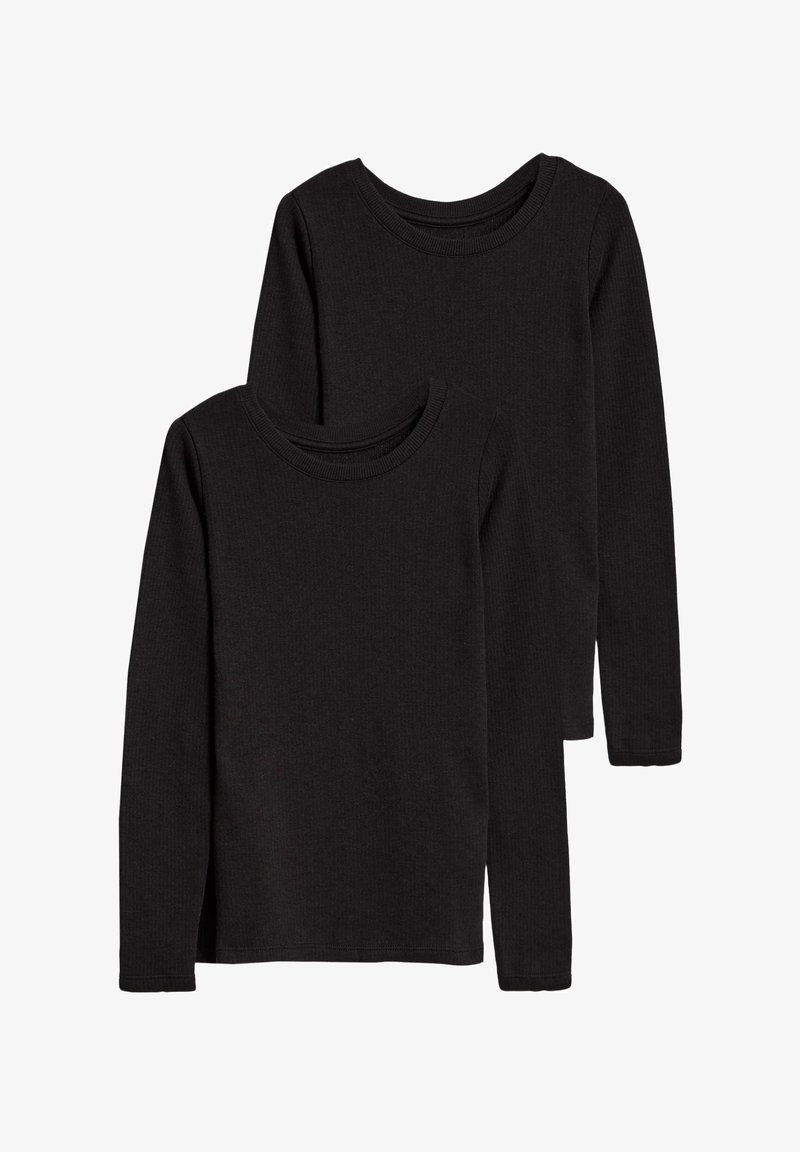 Due maglie a maniche lunghe nere in tessuto testurizzato, con collo rotondo e vestibilità standard, esposte impilate con una maglia leggermente sopra l'altra.