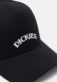 Cappellino in cotone nero con visiera curva; presenta il logo "DICKIES" ricamato in bianco sulla parte anteriore e un sottile dettaglio in tessuto testurizzato.