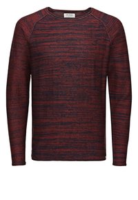Maglione a maniche lunghe in rosso scuro con strisce blu navy, scollatura rotonda e tessuto testurizzato. Presenta maniche raglan e un'etichetta con logo discreta.