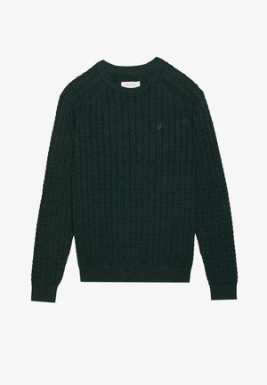 Dunkelgrüner Strickpullover mit einem strukturierten Zopfmuster, geripptem Kragen, Bündchen und Saum sowie einem kleinen lila Logo auf der Brust.