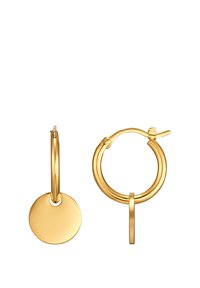 Goldene Creolen mit einem runden Anhänger, glatter polierter Oberfläche und einem sicheren Verschluss. Einfaches Design mit einem modernen Look.