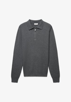 Grau langärmliger Polo-Pullover aus geripptem Stoff mit einem Reißverschlusskragen und einem lässigen Schnitt mit standardmäßigen Bündchen.