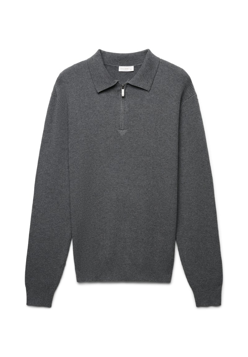 Grau langärmliger Polo-Pullover aus geripptem Stoff mit einem Reißverschlusskragen und einem lässigen Schnitt mit standardmäßigen Bündchen.