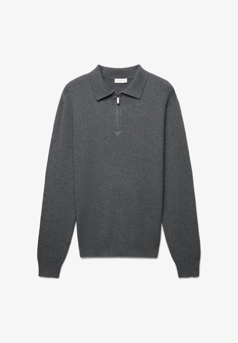 Grau langärmliger Polo-Pullover aus geripptem Stoff mit einem Reißverschlusskragen und einem lässigen Schnitt mit standardmäßigen Bündchen.