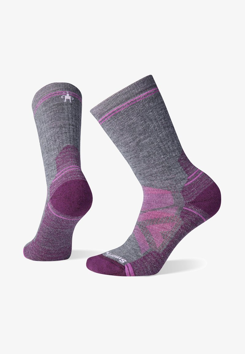 Gray socks with purple accents, featuring a striped top and patterned bottom. Made of a soft, textured material for comfort and durability.