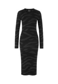 Black ribbed long-sleeve dress featuring a subtle tiger stripe pattern, fitted shape, and crew neckline, made from a soft knit fabric.