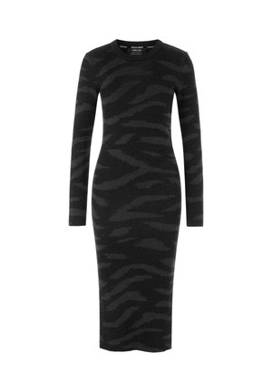 Black ribbed long-sleeve dress featuring a subtle tiger stripe pattern, fitted shape, and crew neckline, made from a soft knit fabric.