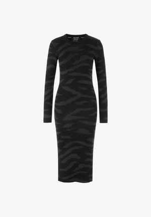 Black ribbed long-sleeve dress featuring a subtle tiger stripe pattern, fitted shape, and crew neckline, made from a soft knit fabric.